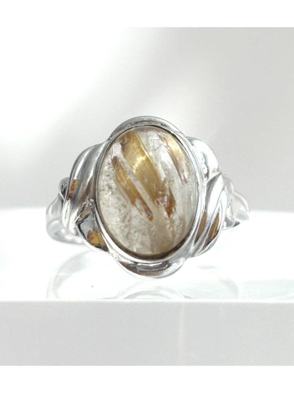 Golden Rutilated Gold Quartz Sterling Silver 925 Solitaire Vintage Ring sz 8.75